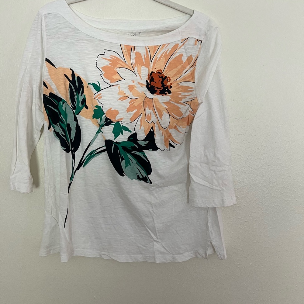 Loft white shirt with flower 3/4 sleeves